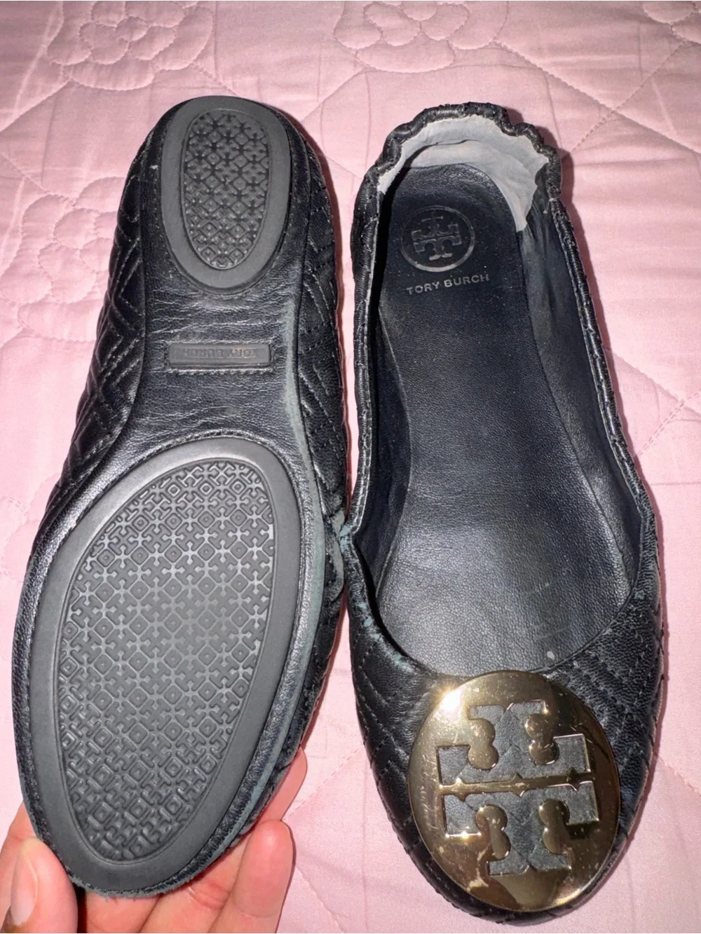 Tory Burch Black Quilted Flats with Gold Logo Medallions